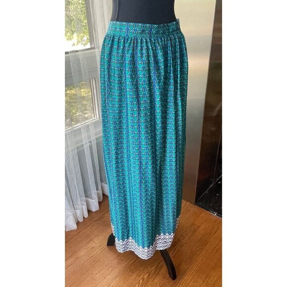 Vintage 80s wrap skirt, teal and blue, maxi, ankle length, Oleg Cassini, 2/4 - Picture 5 of 8